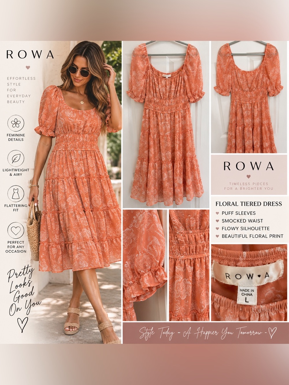 ROWA Floral Tiered Midi Dress Size Large Coral Cottagecore Boho Puff Sleeve